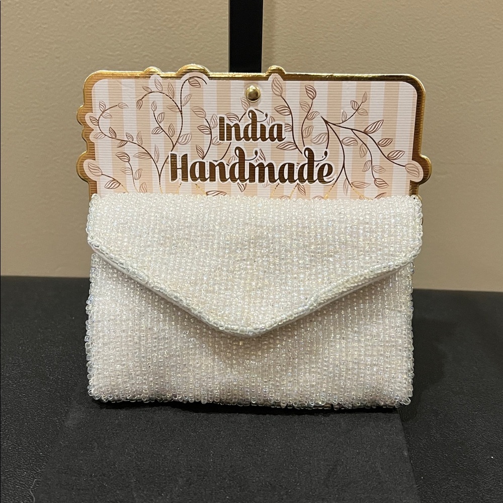 India Handmade | White Beaded Envelope Snap Wallet